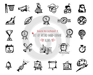 Hand-drawn sketch school tools icon set Black on white background