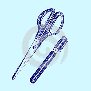 Hand drawn sketch of scissors and pen on light blue background. Stationary and office supplies. Vector engraving illustration.