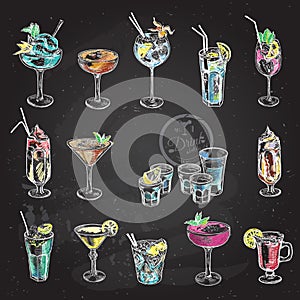 Hand drawn sketch set of alcoholic cocktails. Vector illustration