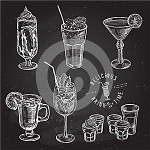 Hand drawn sketch set of alcoholic cocktails. Vector illustration