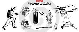 Hand drawn sketch set of firefighter, extinguisher, hydrant, helicopter, gas mask, firehose.