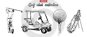 Hand drawn sketch set of golf bag, cart, ball and golfer in black isolated on white background. Detailed vintage etching drawing.