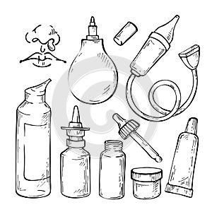 Hand drawn Sketch Set medicines for colds, aspirator, nose drops and nasal spray. photo