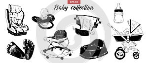 Hand drawn sketch set of nipple, baby carriage, car seat, potty, foots, walker isolated on white background. Detailed vintage etch