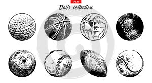 Hand drawn sketch set of sport balls isolated on white background. Detailed vintage etching collection.