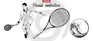 Hand drawn sketch set of tennis player, tennis racket and ball isolated on white background. Detailed vintage etching drawing.