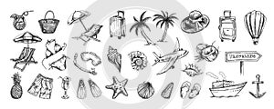 Hand-drawn sketch set of travel icons. Sea Tourism and adventure icons.