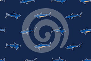 Hand drawn sketch shark seamless pattern illustration. Ink drawing aggressive marine fish stickers on blue background. Vector