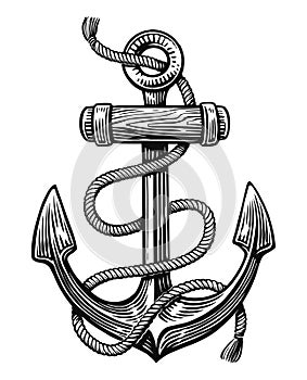 Hand drawn sketch of ship nautical Anchor with rope. Vintage illustration