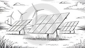 Hand Drawn Sketch of Solar Panels and Wind Turbines in a Field photo
