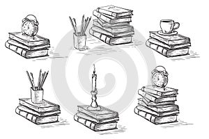 Hand drawn sketch stack books set clock pen and candle isolated on white background vector