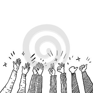 Hand Drawn sketch style of applause, thumbs up gesture. Human hands clapping ovation. on doodle style, vector illustration