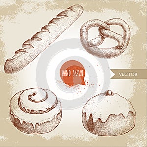 Hand drawn sketch style bakery goods illustrations set. Fresh salted pretzel, french baguette, iced cinnamon bun and iced bun