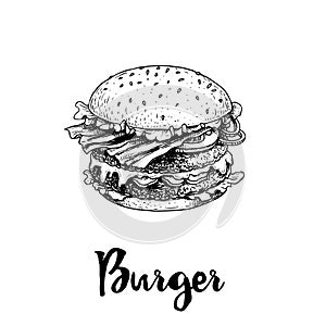 Hand drawn sketch style big burger. Fast, street food. Cheeseburger with bacon fried slices, lettuce, tomato, onion and beef cutle