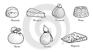 Hand drawn sketch style cheese set. Traditional Itailan cheese collection. Mozzarella, Parmegiano, Caciocavallo, Ricotta, Burrata,