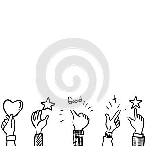 Hand Drawn sketch style of hands holding feedback symbols, User satisfaction. Customer review concept. on doodle style, vector