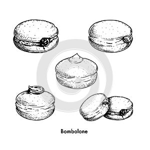 Hand drawn sketch style Italian Bombolone set. Baked with chocolate and white cream inside. Traditional Italian desserts.