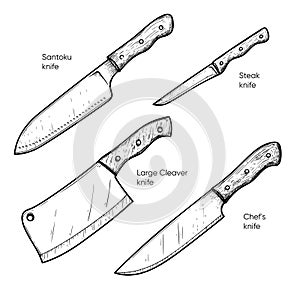 Hand drawn sketch style knives set. Santoku, steak, Large Cleaver and Chef\'s knives. photo