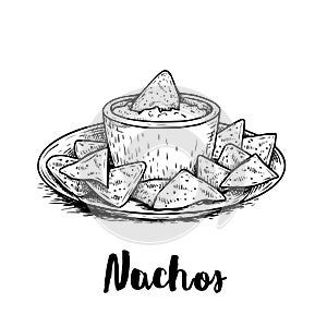 Hand drawn sketch style nachos with guacamole sauce on plate. Traditional Mexican food. Corn chips. Retro style. Element for Mexic