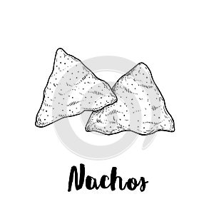 Hand drawn sketch style nachos. Traditional Mexican food. Corn chips. Retro style. Element for Mexican restaurant menu designs. Ve