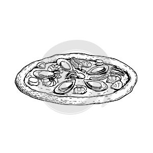 Hand drawn sketch style pizza Frutti di mare. Fresh baked traditional italian pizza with seafood. Best for packaging, menu for res
