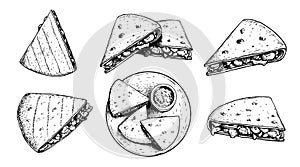 Hand drawn sketch style quesadillas set. Traditional mexican fast food. Single, group and top view on plate with sauce.