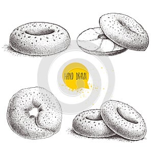 Hand drawn sketch style sesame bagels set on white background. Bagel, sliced bagel with cream cheese.