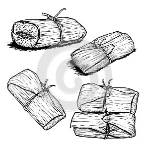 Hand drawn sketch style tamales set. Single and group.  Traditional mexican food. Vector food collection.