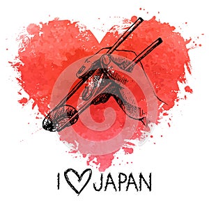 Hand drawn sketch sushi illustration with splash watercolor heart. I love Japan