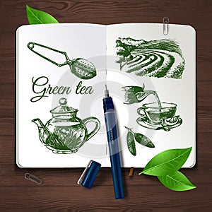 Hand drawn sketch tea set.Vector identity set on wooden background