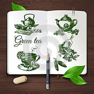 Hand drawn sketch tea set.Vector identity set on wooden background