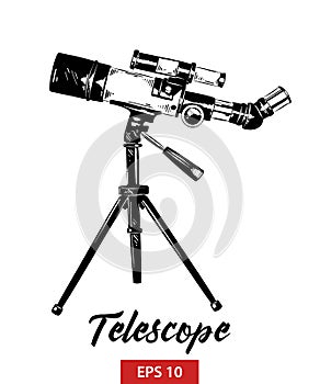 Hand drawn sketch of telescope in black isolated on white background. Detailed vintage etching style drawing.