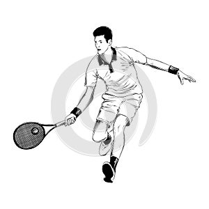 Hand drawn sketch of tennis player in black isolated on white background. Detailed vintage etching style drawing.