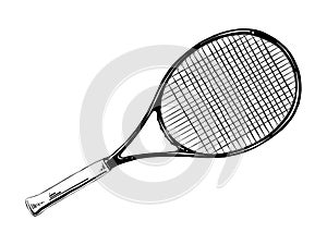 Hand drawn sketch of tennis racket in black isolated on white background. Detailed vintage etching style drawing.