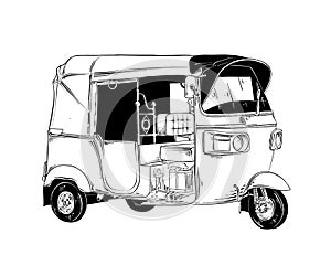 Hand drawn sketch of thai tuk tuk transport in black isolated on white background. Detailed vintage etching style drawing