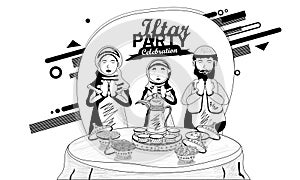 Hand Drawn sketch vector, illustration of iftar party celebration with dates, almonds, cashew, rasmalai, iftar drink and food