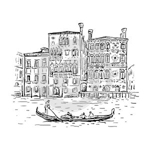 Hand drawn sketch vector illustration of Venice, Italy. Drawing of a canal, houses and gondola. Tourism Concept