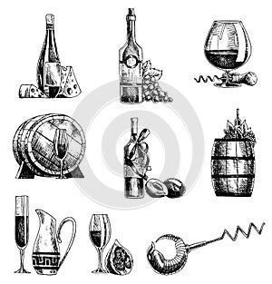Hand drawn sketch vector wine set. Wine objects bottle, glass, barrel, grapes, corkscrew, sommelier.