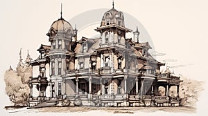 Hand-drawn Sketch Of Victorian Style House With Ornate Simplicity