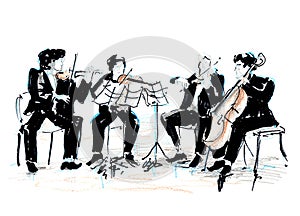 Hand drawn sketch of violoncellist quartet