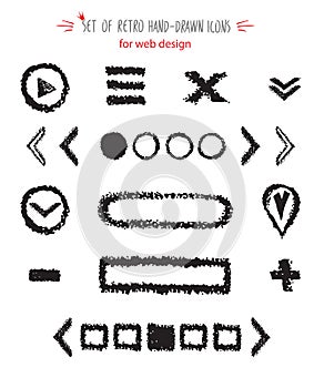 Hand-drawn sketch web icon set - arrows, buttons, slider marks, sandwich menu, cross, play