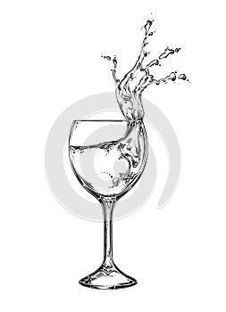 Hand drawn sketch wineglass with spray of liquid in black color. Isolated on white background. Drawing for posters