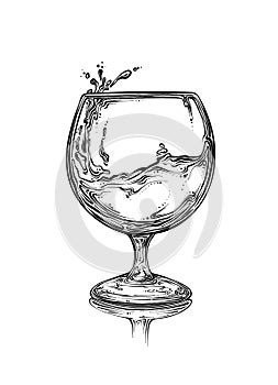 Hand drawn sketch wineglass with spray of liquid in black color. Isolated on white background. Drawing for posters