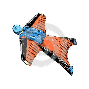 Hand drawn sketch of wingsuit in color, isolated on white background. Detailed vintage style drawing. Vector