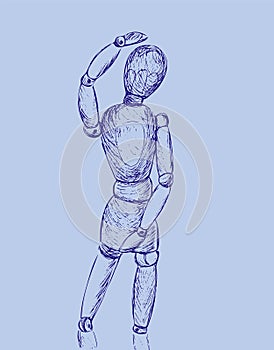Hand drawn sketch of wooden doll gestalta isolated on light blue