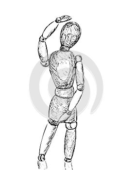 Hand drawn sketch of wooden doll gestalta isolated on white background. Black line vector illustration on Mannequin.