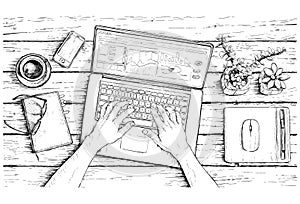 Hand drawn sketch of working place of creative man. Vector illustration.