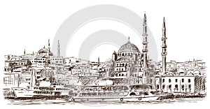 Hand drawn sketch of the world famous Blue mosque, Istanbul in illustration.