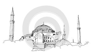 Hand drawn sketch of the world famous Blue mosque with Ramadan Kareem text, Istanbul in vector illustration.