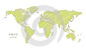 Hand-drawn sketch world map, Mercator projection